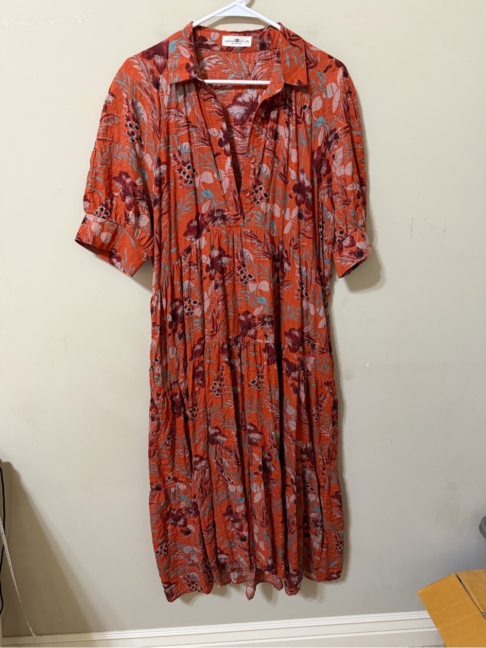 NATURAL LIFE Rust Floral Button-Front Midi Dress elbow sleeve fall fashion euc